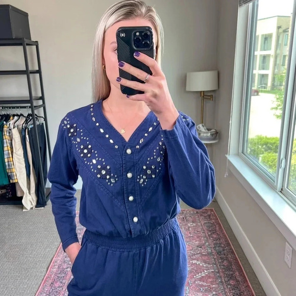 Vintage 80’s Western Bedazzled Jumpsuit Navy Blue small - Picture 2 of 12